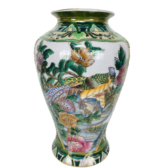 Vintage Early1900s Chinese Hand Painted Moriage Floral Peacock Vase Numbered - Picture 5 of 10